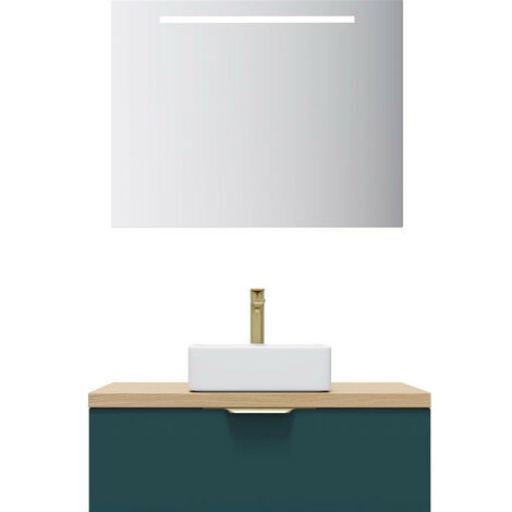 Meuble de salle de bain suspendu vasque à poser 90cm 1 tiroir Bleu + miroir - Venice