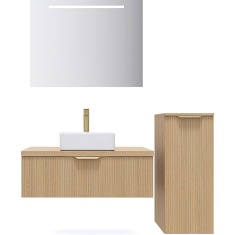 Meuble de salle de bain suspendu vasque à poser 90cm 1 tiroir Chêne cannelé + miroir + colonne ouverture droite - Venice