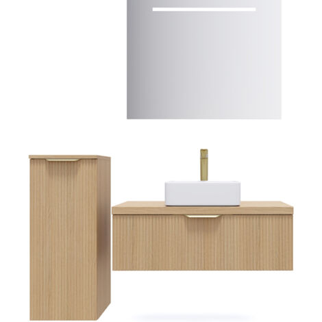 Meuble de salle de bain suspendu vasque à poser 90cm 1 tiroir Chêne cannelé + miroir + colonne ouverture gauche - Venice