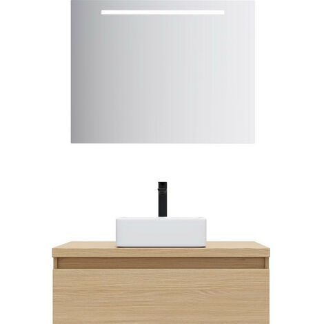 Meuble de salle de bain suspendu vasque à poser 90cm 1 tiroir Chêne clair + miroir - Hudson