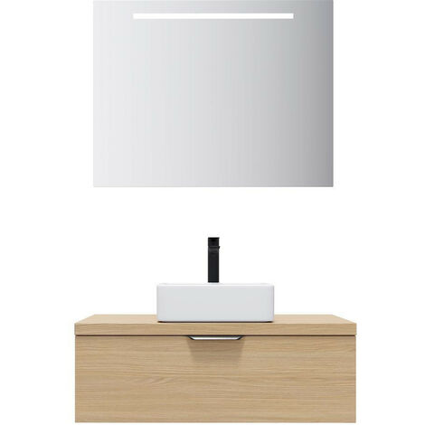 Meuble de salle de bain suspendu vasque à poser 90cm 1 tiroir Chêne clair + miroir - Venice