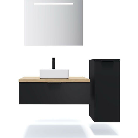 Meuble de salle de bain suspendu vasque à poser 90cm 1 tiroir Noir + miroir + colonne ouverture droite - Soho