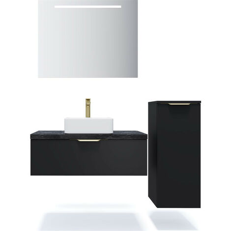 Meuble de salle de bain suspendu vasque à poser 90cm 1 tiroir Noir + miroir + colonne ouverture droite - Venice