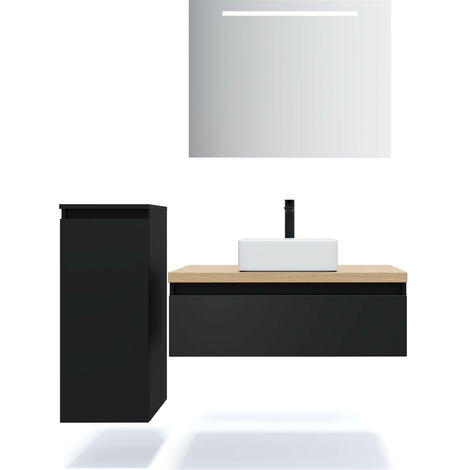Meuble de salle de bain suspendu vasque à poser 90cm 1 tiroir Noir + miroir + colonne ouverture gauche - Hudson