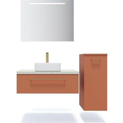 Meuble de salle de bain suspendu vasque à poser 90cm 1 tiroir Terracotta + miroir + colonne ouverture droite - Glasgow
