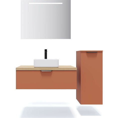 Meuble de salle de bain suspendu vasque à poser 90cm 1 tiroir Terracotta + miroir + colonne ouverture droite - Soho
