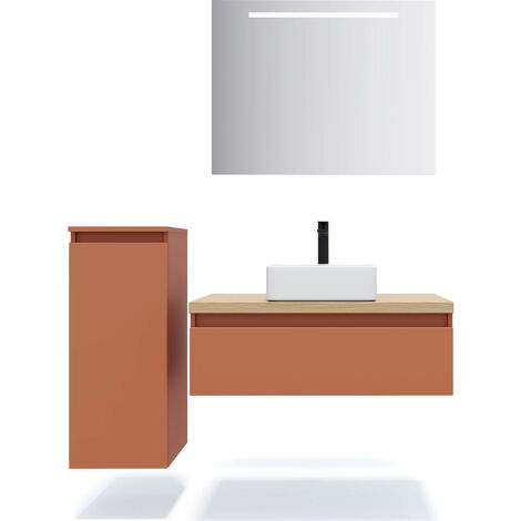 Meuble de salle de bain suspendu vasque à poser 90cm 1 tiroir Terracotta + miroir + colonne ouverture gauche - Hudson