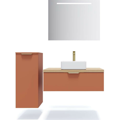 Meuble de salle de bain suspendu vasque à poser 90cm 1 tiroir Terracotta + miroir + colonne ouverture gauche - Venice