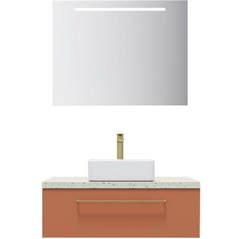 Meuble de salle de bain suspendu vasque à poser 90cm 1 tiroir Terracotta + miroir - Glasgow