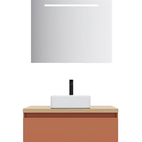 Meuble de salle de bain suspendu vasque à poser 90cm 1 tiroir Terracotta + miroir - Hudson