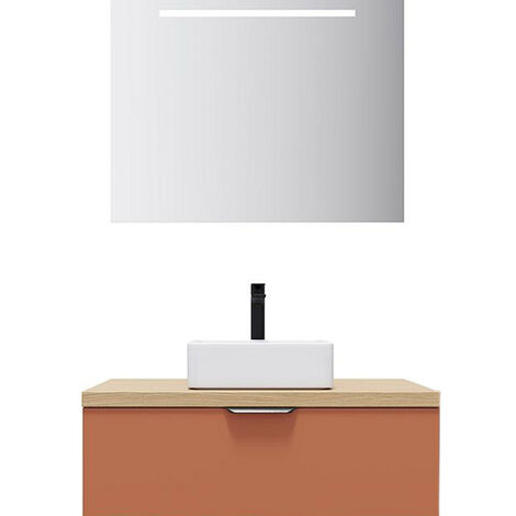 Meuble de salle de bain suspendu vasque à poser 90cm 1 tiroir Terracotta + miroir - Soho