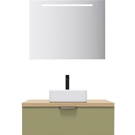 Meuble de salle de bain suspendu vasque à poser 90cm 1 tiroir Vert olive + miroir - Soho