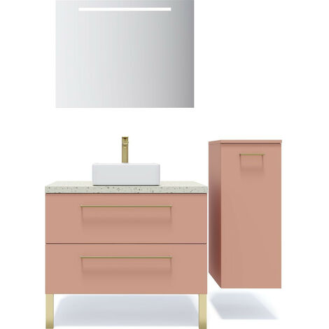 Meuble de salle de bain suspendu vasque à poser 90cm 2 tiroirs Abricot + miroir + colonne ouverture droite - Glasgow