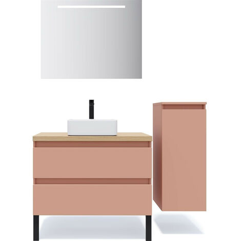 Meuble de salle de bain suspendu vasque à poser 90cm 2 tiroirs Abricot + miroir + colonne ouverture droite - Hudson
