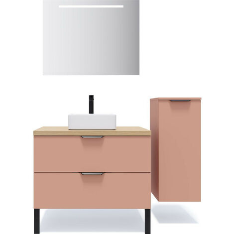 Meuble de salle de bain suspendu vasque à poser 90cm 2 tiroirs Abricot + miroir + colonne ouverture droite - Soho
