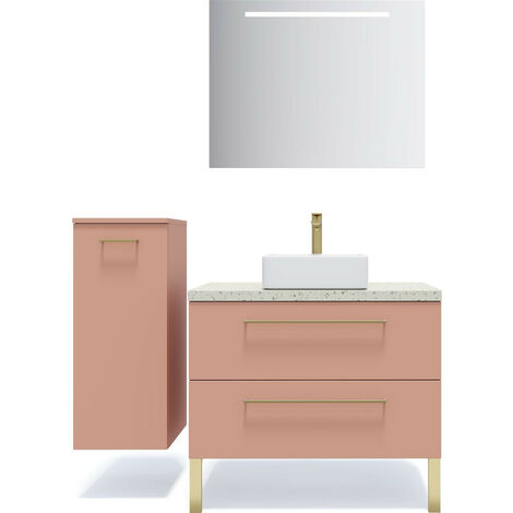 Meuble de salle de bain suspendu vasque à poser 90cm 2 tiroirs Abricot + miroir + colonne ouverture gauche - Glasgow
