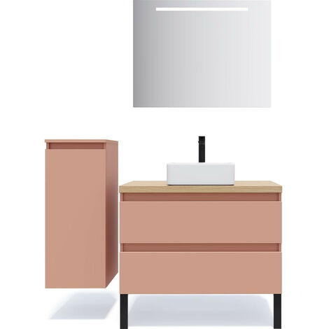 Meuble de salle de bain suspendu vasque à poser 90cm 2 tiroirs Abricot + miroir + colonne ouverture gauche - Hudson