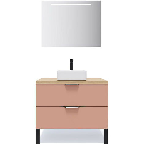 Meuble de salle de bain suspendu vasque à poser 90cm 2 tiroirs Abricot + miroir - Soho