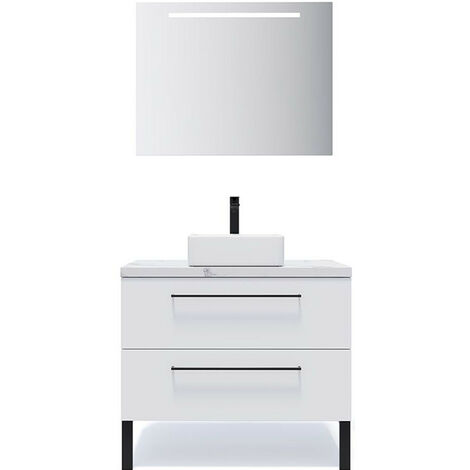 Meuble de salle de bain suspendu vasque à poser 90cm 2 tiroirs Blanc + miroir - Glasgow