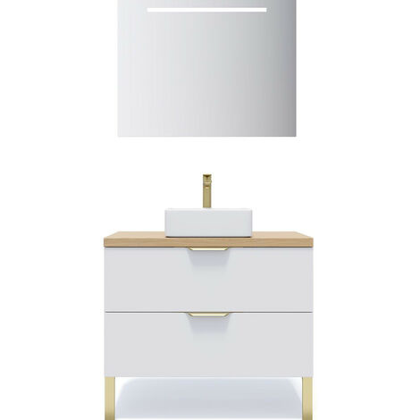 Meuble de salle de bain suspendu vasque à poser 90cm 2 tiroirs Blanc + miroir - Venice