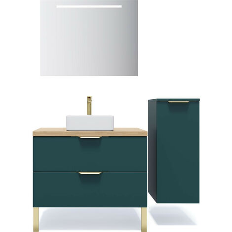 Meuble de salle de bain suspendu vasque à poser 90cm 2 tiroirs Bleu + miroir + colonne ouverture droite - Venice
