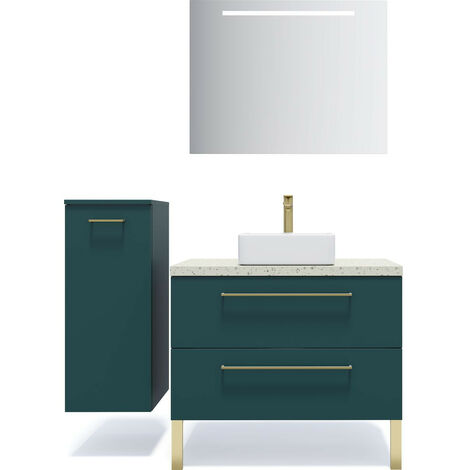 Meuble de salle de bain suspendu vasque à poser 90cm 2 tiroirs Bleu + miroir + colonne ouverture gauche - Glasgow