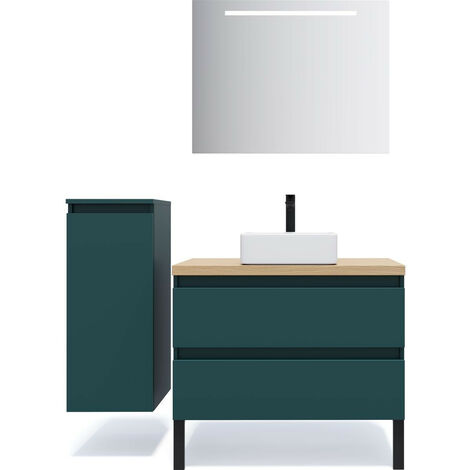 Meuble de salle de bain suspendu vasque à poser 90cm 2 tiroirs Bleu + miroir + colonne ouverture gauche - Hudson