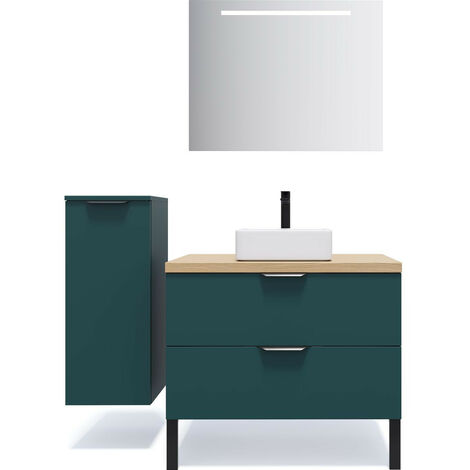Meuble de salle de bain suspendu vasque à poser 90cm 2 tiroirs Bleu + miroir + colonne ouverture gauche - Soho
