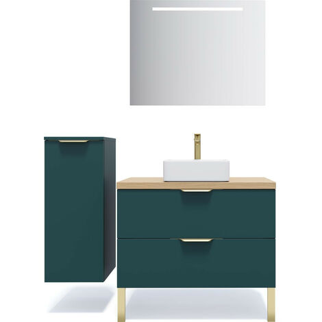 Meuble de salle de bain suspendu vasque à poser 90cm 2 tiroirs Bleu + miroir + colonne ouverture gauche - Venice