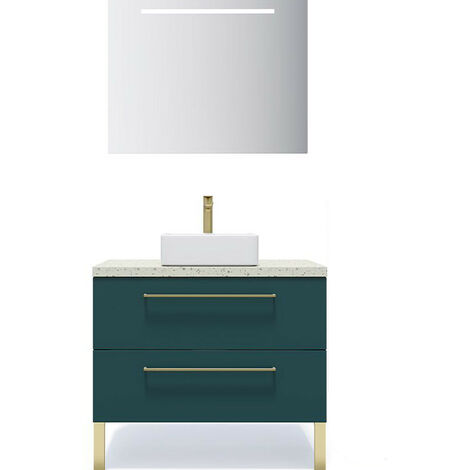 Meuble de salle de bain suspendu vasque à poser 90cm 2 tiroirs Bleu + miroir - Glasgow