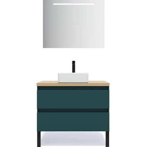 Meuble de salle de bain suspendu vasque à poser 90cm 2 tiroirs Bleu + miroir - Hudson