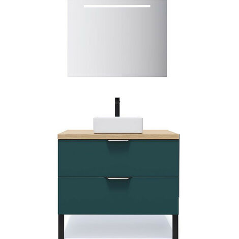 Meuble de salle de bain suspendu vasque à poser 90cm 2 tiroirs Bleu + miroir - Soho