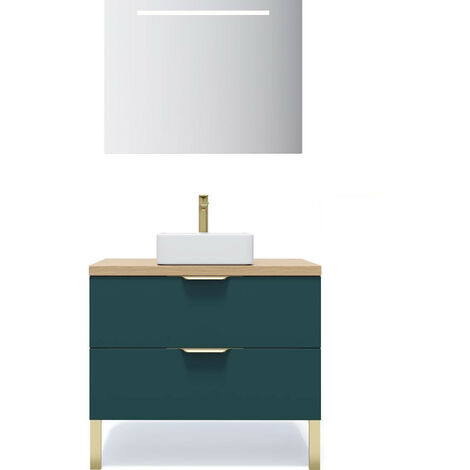 Meuble de salle de bain suspendu vasque à poser 90cm 2 tiroirs Bleu + miroir - Venice