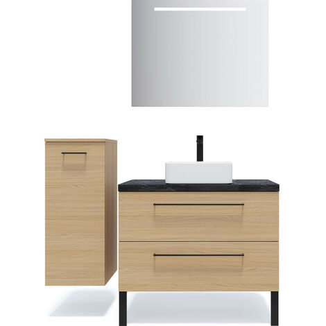 Meuble de salle de bain suspendu vasque à poser 90cm 2 tiroirs Chêne clair + miroir + colonne ouverture gauche - Glasgow