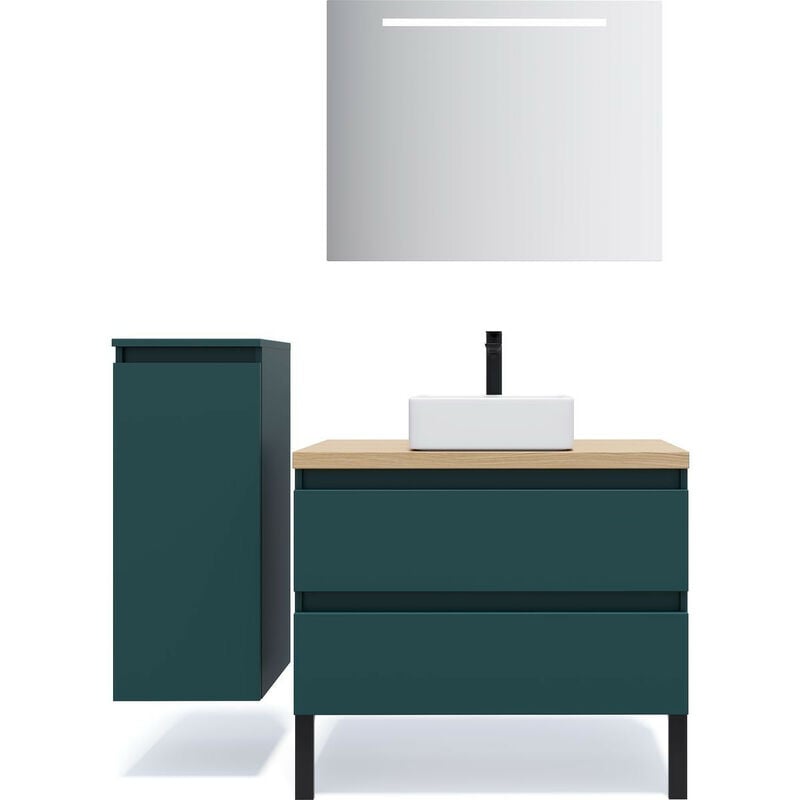 Homifab - Meuble de salle de bain suspendu vasque à poser 90cm 2 tiroirs Bleu + miroir + colonne ouverture gauche - Hudson