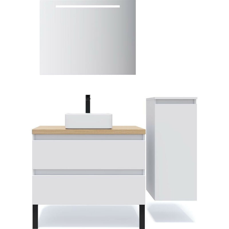 Homifab - Meuble de salle de bain suspendu vasque à poser 90cm 2 tiroirs Blanc + miroir + colonne ouverture droite - Hudson
