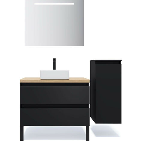 Meuble de salle de bain suspendu vasque à poser 90cm 2 tiroirs Noir + miroir + colonne ouverture droite - Hudson