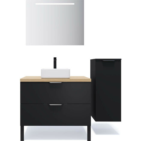 Meuble de salle de bain suspendu vasque à poser 90cm 2 tiroirs Noir + miroir + colonne ouverture droite - Soho