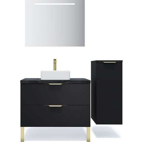 Meuble de salle de bain suspendu vasque à poser 90cm 2 tiroirs Noir + miroir + colonne ouverture droite - Venice