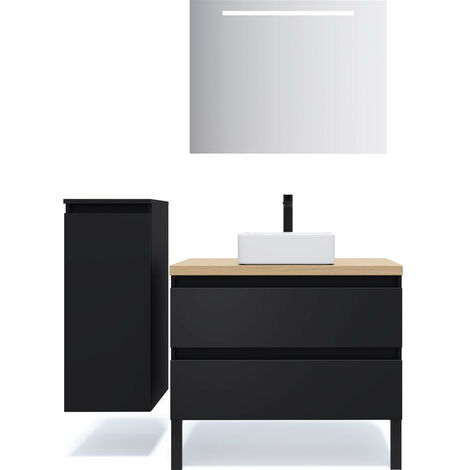 Meuble de salle de bain suspendu vasque à poser 90cm 2 tiroirs Noir + miroir + colonne ouverture gauche - Hudson