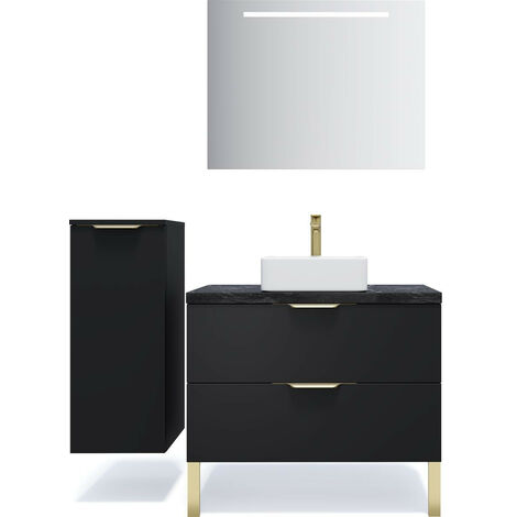 Meuble de salle de bain suspendu vasque à poser 90cm 2 tiroirs Noir + miroir + colonne ouverture gauche - Venice