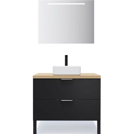 Meuble de salle de bain suspendu vasque à poser 90cm 2 tiroirs Noir + miroir - Soho
