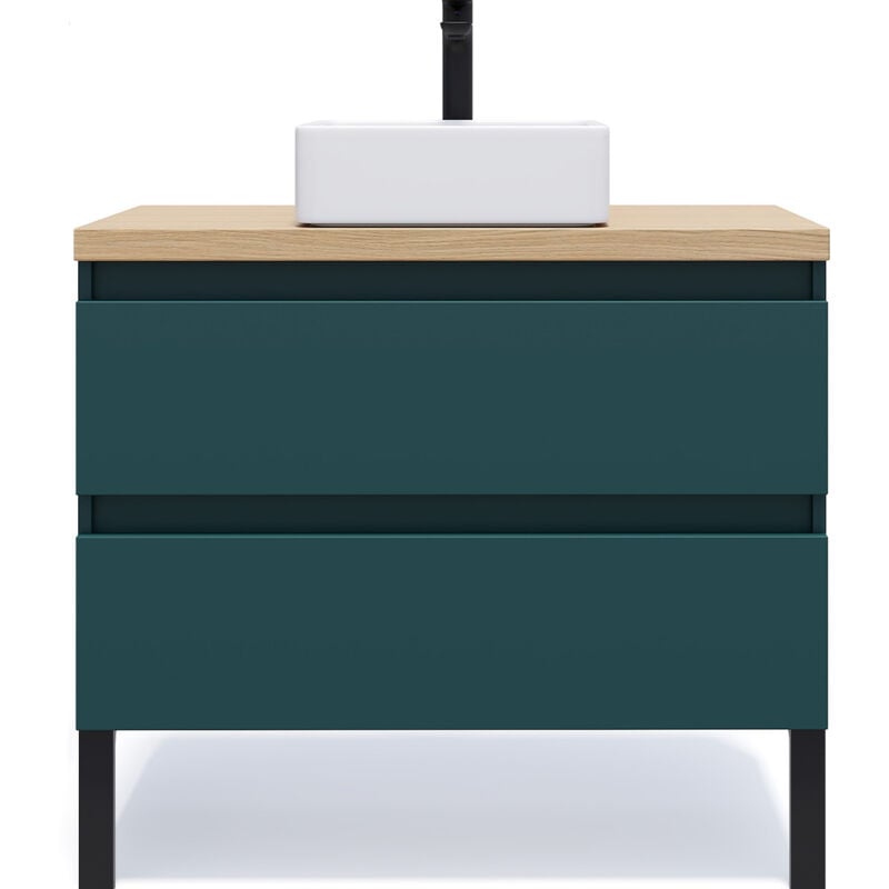 Homifab - Meuble de salle de bain suspendu vasque à poser 90cm 2 tiroirs Bleu - Hudson