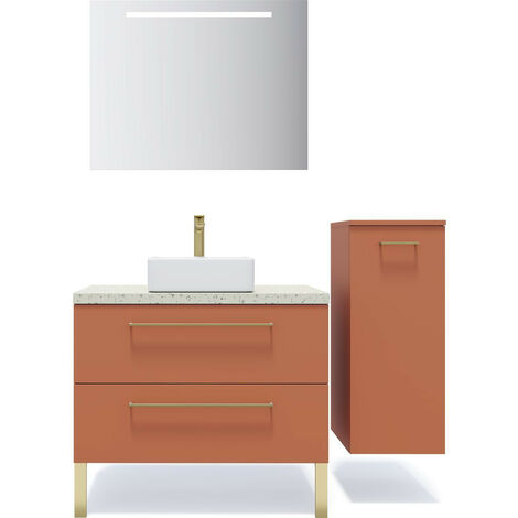 Meuble de salle de bain suspendu vasque à poser 90cm 2 tiroirs Terracotta + miroir + colonne ouverture droite - Glasgow