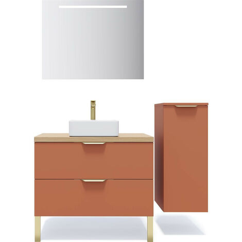 Meuble de salle de bain suspendu vasque à poser 90cm 2 tiroirs Terracotta + miroir + colonne ouverture droite - Venice