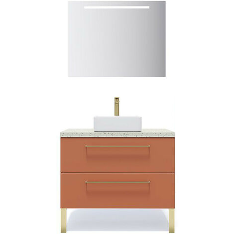 Meuble de salle de bain suspendu vasque à poser 90cm 2 tiroirs Terracotta + miroir - Glasgow