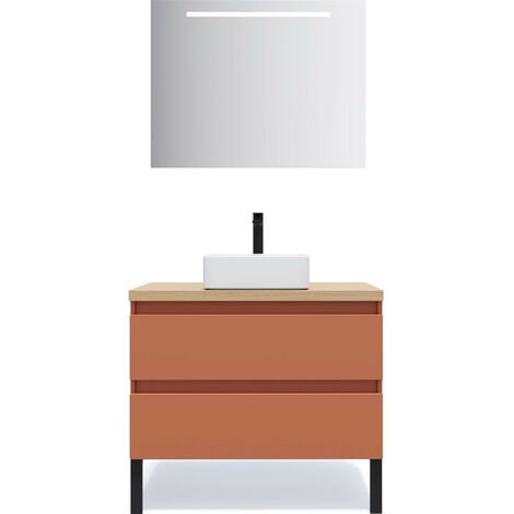 Meuble de salle de bain suspendu vasque à poser 90cm 2 tiroirs Terracotta + miroir - Hudson
