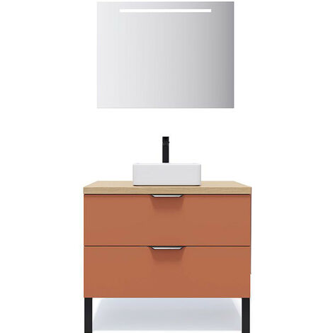 Meuble de salle de bain suspendu vasque à poser 90cm 2 tiroirs Terracotta + miroir - Soho