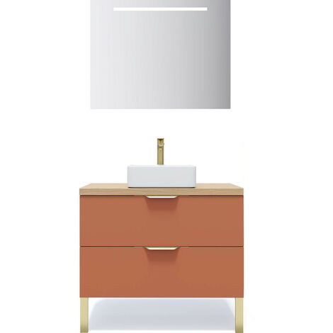 Meuble de salle de bain suspendu vasque à poser 90cm 2 tiroirs Terracotta + miroir - Venice