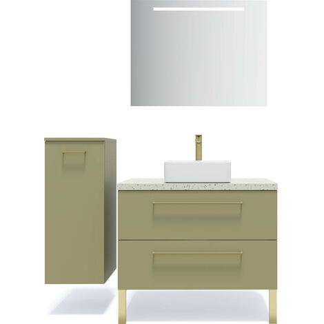 Meuble de salle de bain suspendu vasque à poser 90cm 2 tiroirs Vert olive + miroir + colonne ouverture gauche - Glasgow